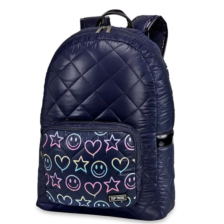 Top Trenz Navy Diamond Stitch Puffer Backpack w/Smiley Pocket