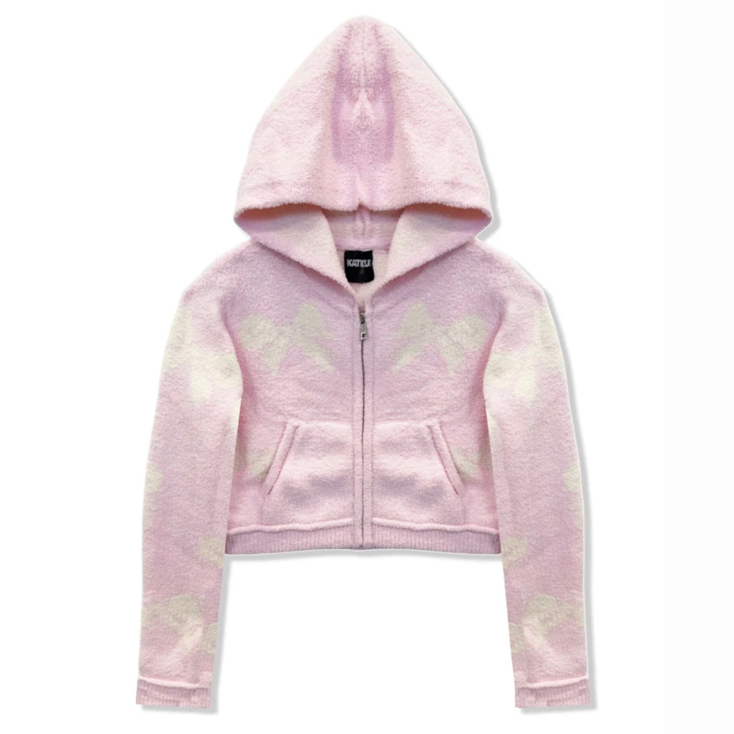 Katie J NYC  Tween Parker Zip Hoodie -  Pink Bow Intarsia Design