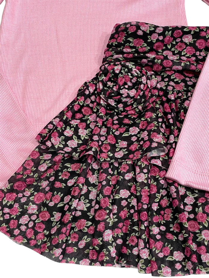 FBZ Flowers by Zoe Girls 4-6X Tiered Pink Ditsy Floral Mesh Skirt Set