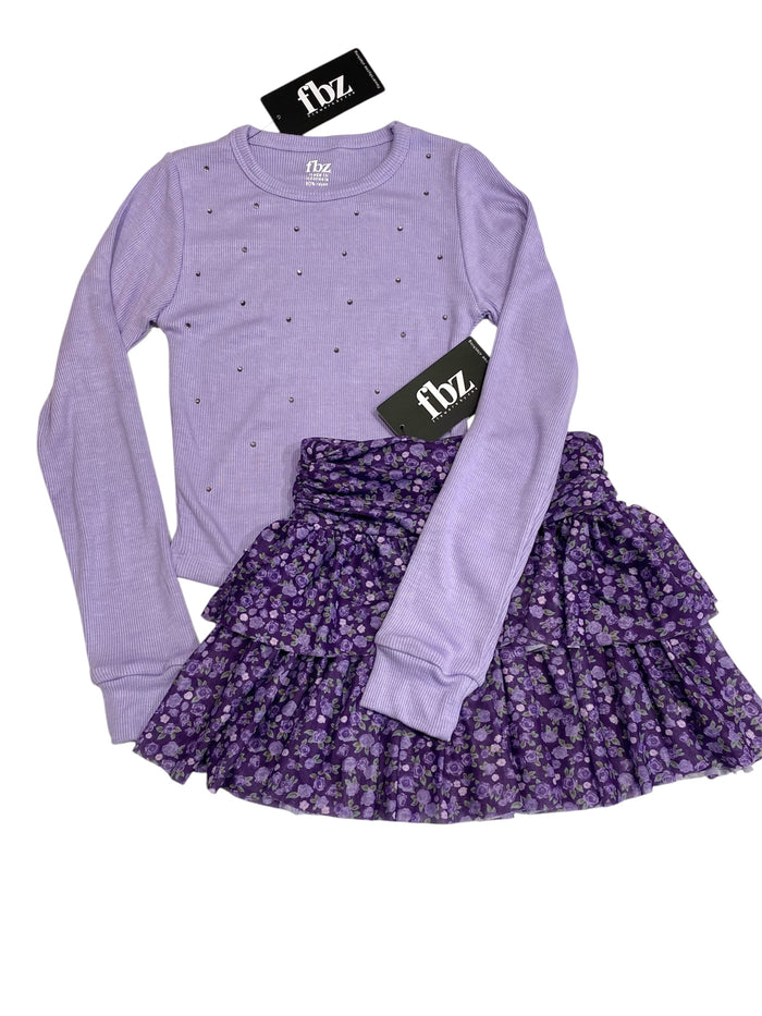 FBZ Flowers by Zoe Girls 4-6X Tiered Purple Ditsy Floral Mesh Skirt Set