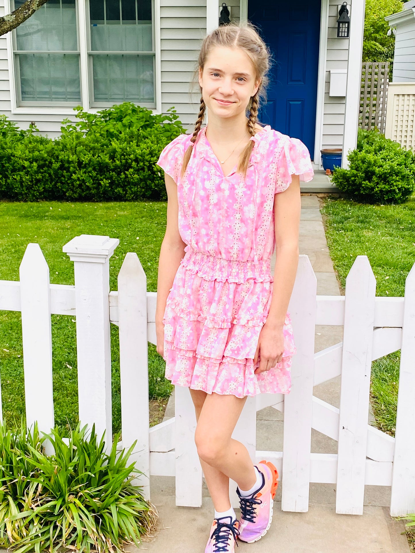 FBZ  Flowers By Zoe Girls Tween Pink Schiffli Print Dress