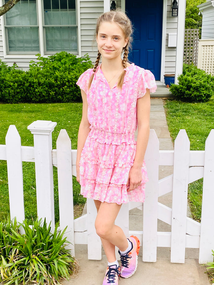 FBZ  Flowers By Zoe Girls Tween Pink Schiffli Print Dress