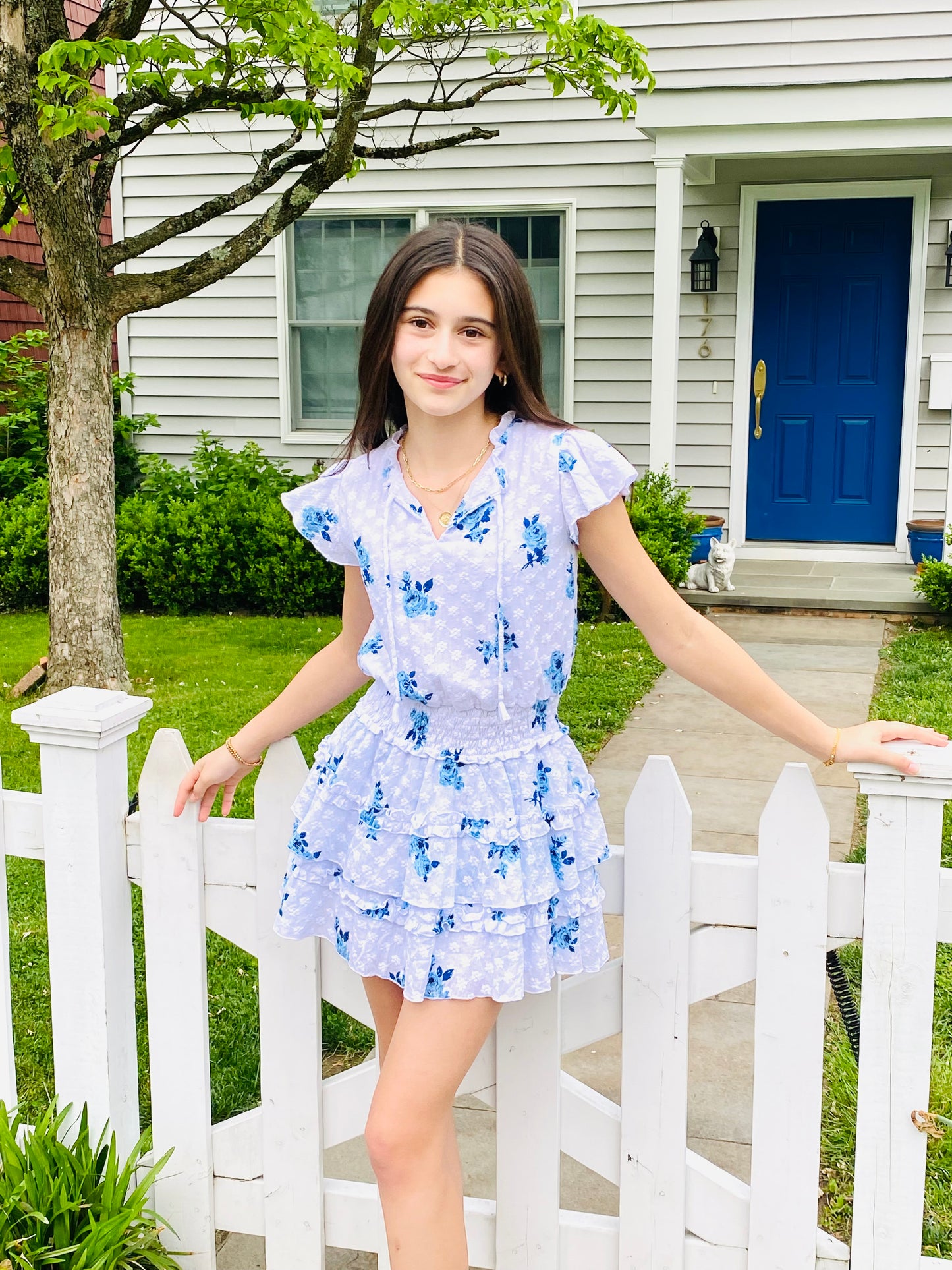 FBZ  Flowers By Zoe Girls Tween Blue Floral Eyelet Dress