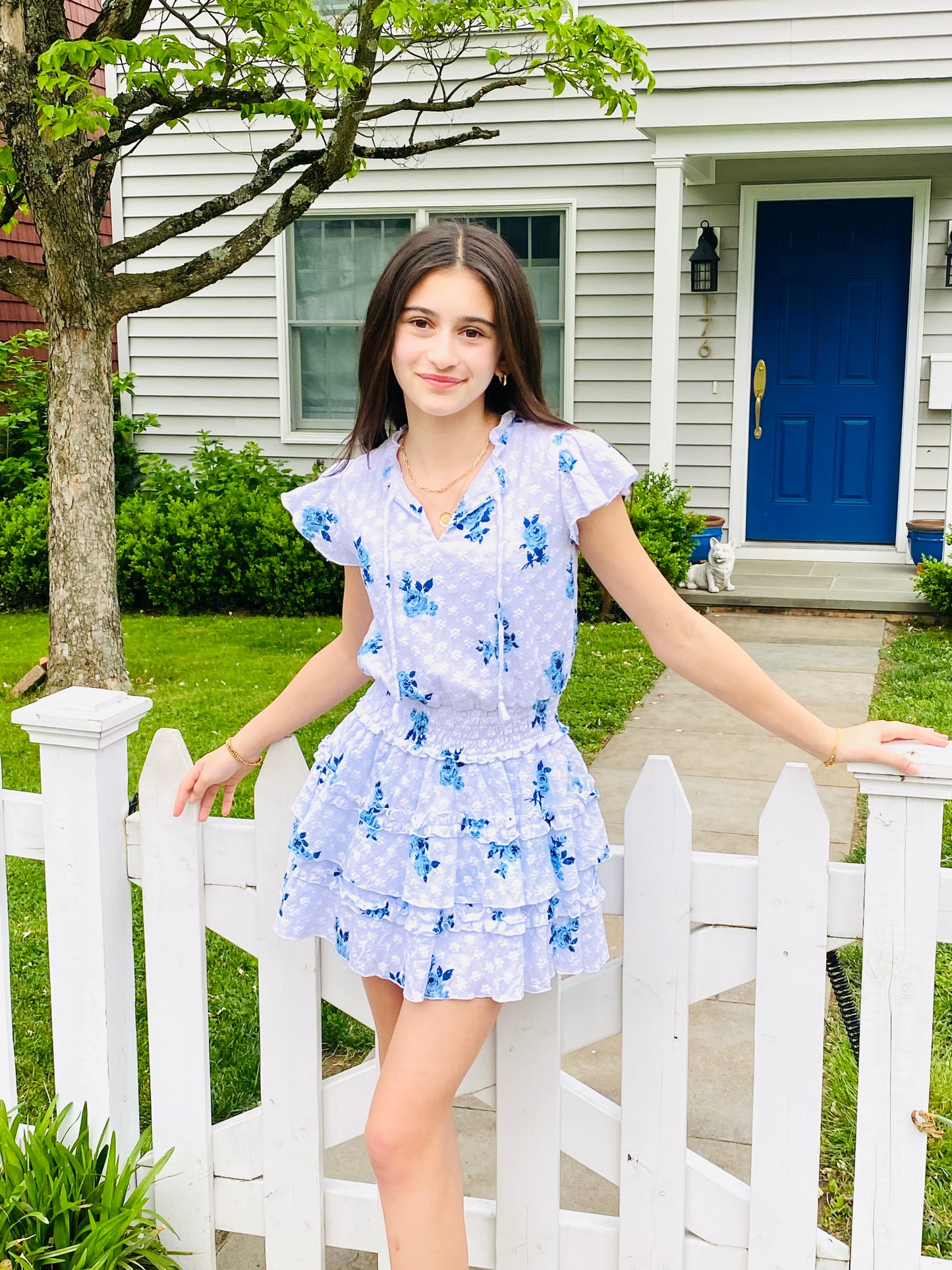 FBZ Flowers By Zoe Girls Tween Blue Floral Eyelet Dress FBZ Flowers By Zoe Girls Tween Blue Floral Eyelet Dress