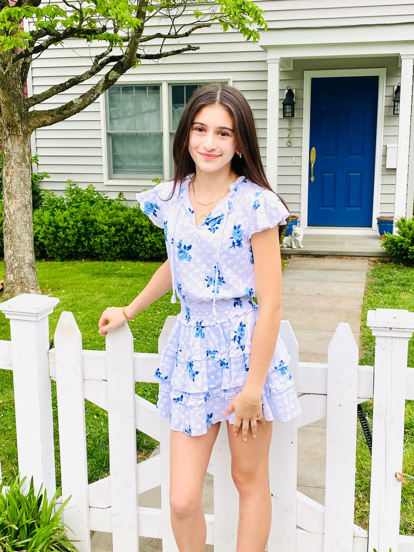 FBZ  Flowers By Zoe Girls Tween Blue Floral Eyelet Dress