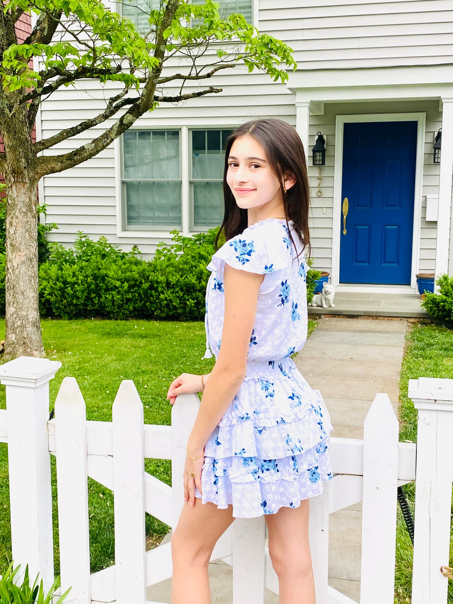 FBZ  Flowers By Zoe Girls Tween Blue Floral Eyelet Dress