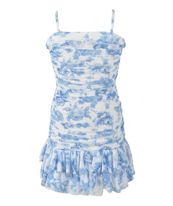 FBZ Flowers By Zoe Tween Blue Toile Net Shirred Dress