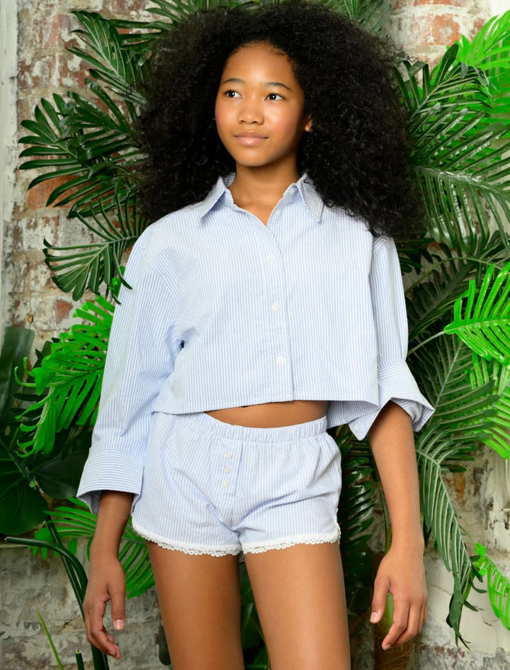 Katie J NYC  Girls Tween Caprice Stripe Lace Trimmed Lounge Short - Blue Stripe