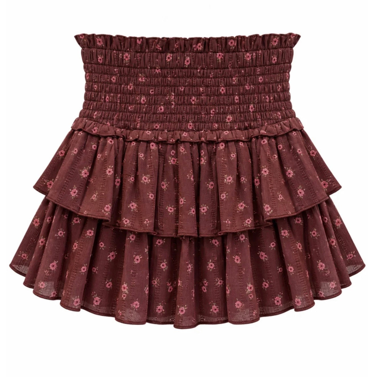 Katie J NYC  Girls Tween Bianca Sheer Printed Tiered Ruffle Skirt - Burgundy Garden Bloom