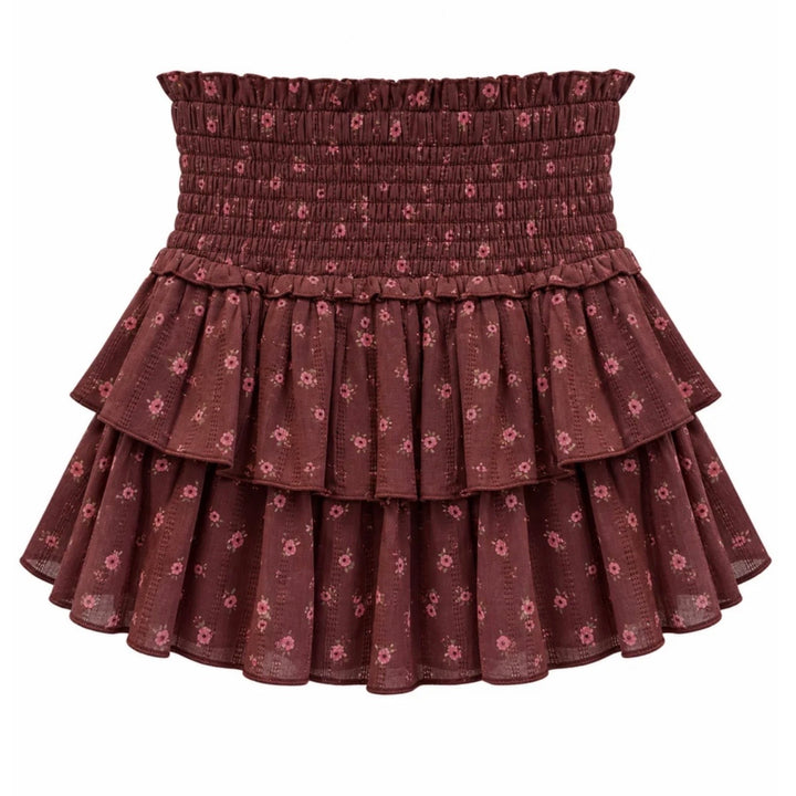 Katie J NYC  Girls Tween Bianca Sheer Printed Tiered Ruffle Skirt - Burgundy Garden Bloom