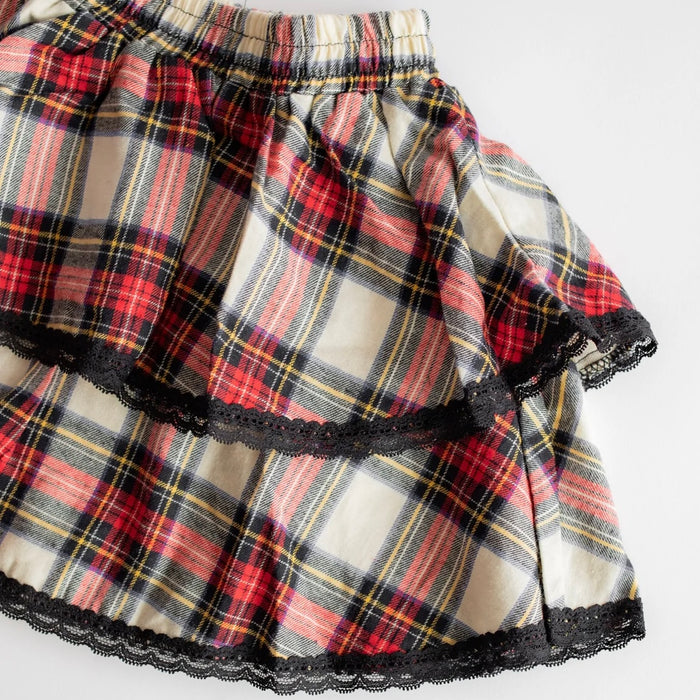 FBZ  Tween Tartan Flannel Plaid Tiered Skirt - Red Multi