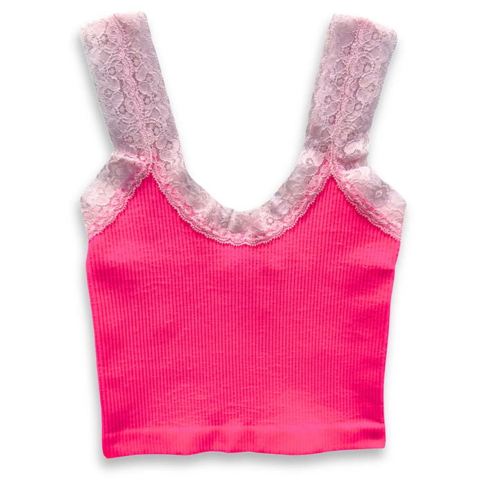 Katie J NYC  Girls Tween Liana Seamless Tank w Lace Trim - Neon Pink