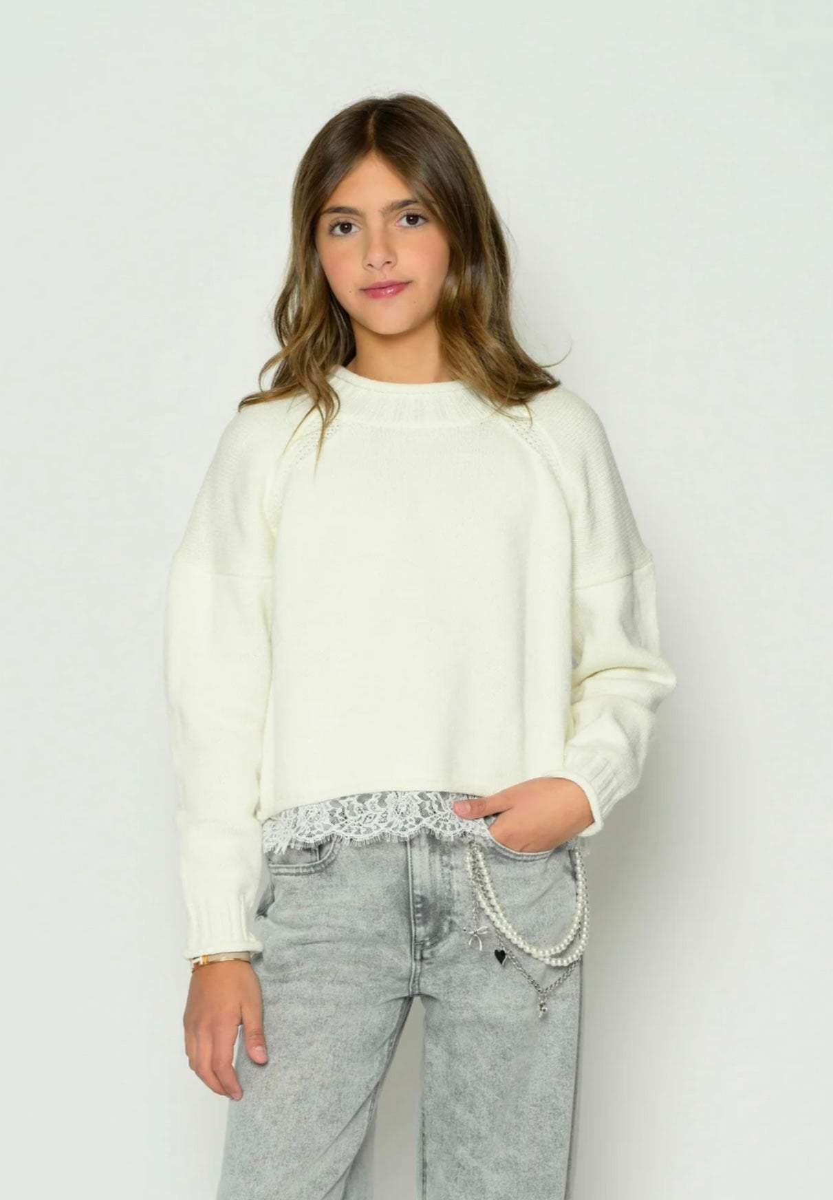Katie J NYC  Girls Tween Reid Lace Trim Sweater - Cream