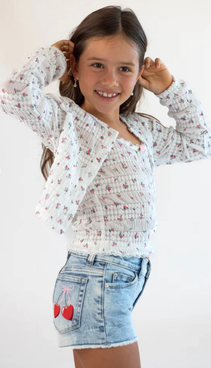 FBZ Flowers by Zoe Girls Cherry Bow Denim Shorts