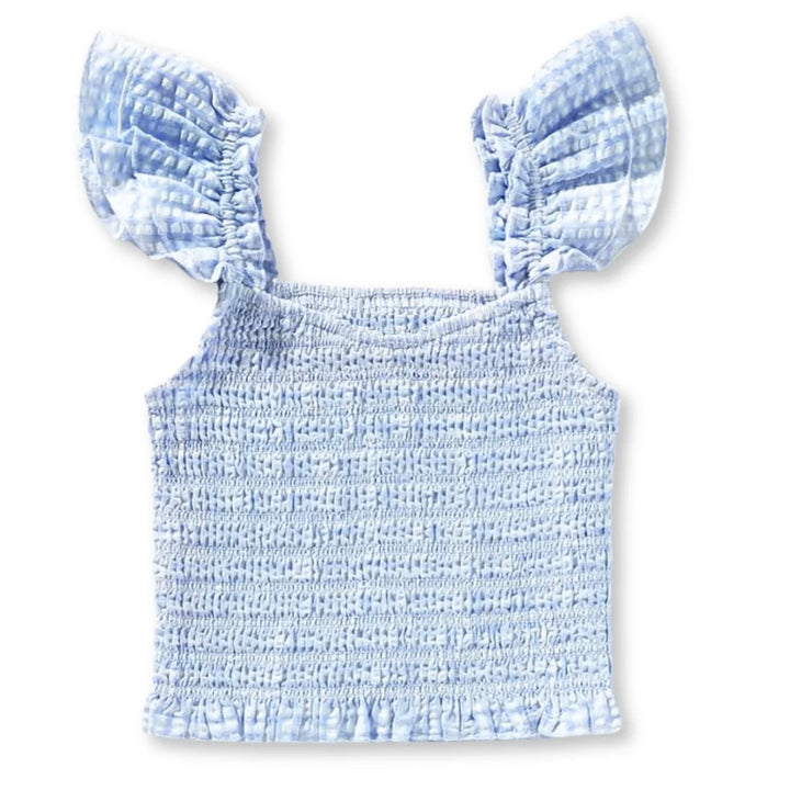 Katie J NYC  Girls Tween Smocked Ruffle Shoulder Top - Baby Blue Seersucker