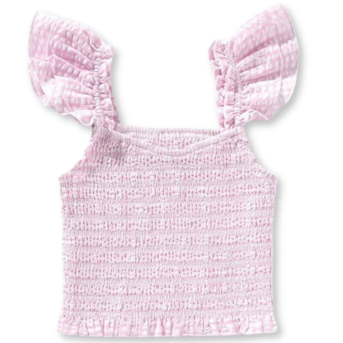 Katie J NYC  Girls Tween Smocked Ruffle Shoulder Top - Baby Pink Seersucker