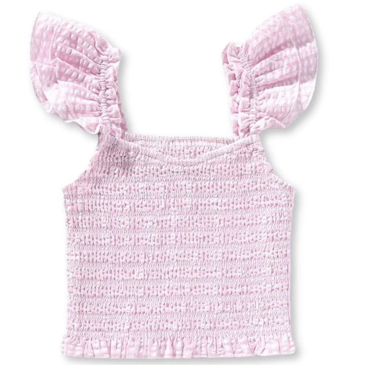 Katie J NYC  Girls Tween Smocked Ruffle Shoulder Top - Baby Pink Seersucker