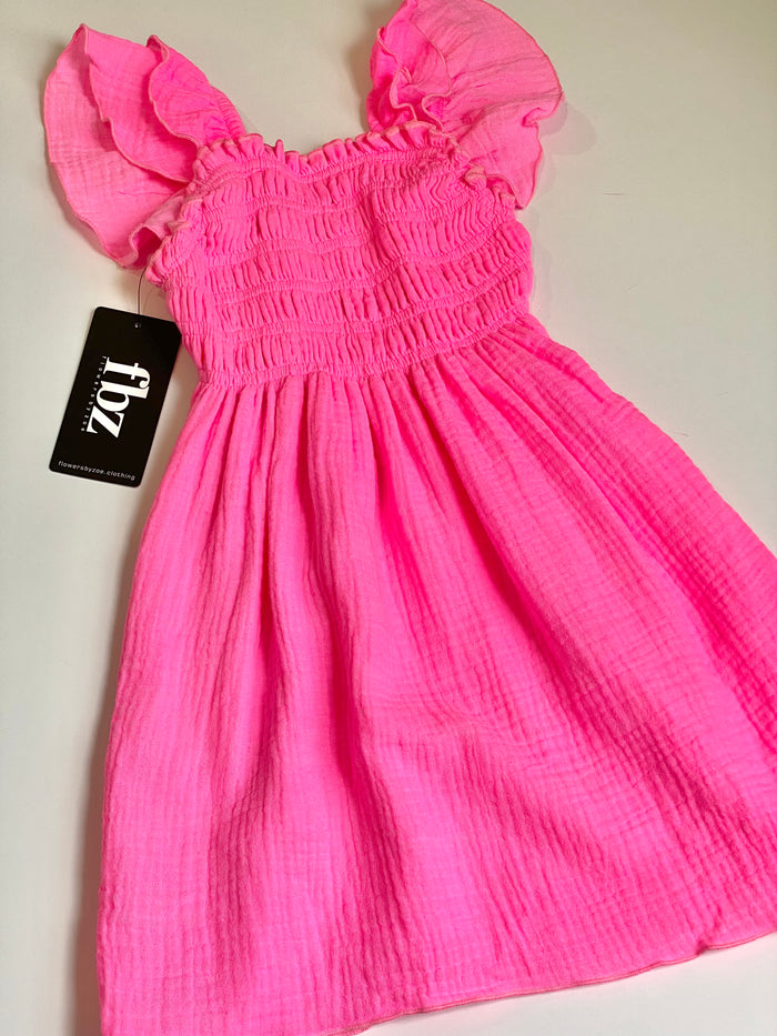 FBZ Flowers by Zoe Girls 4-6X Neon Pink Ruffle Sleeve Gauze Dress