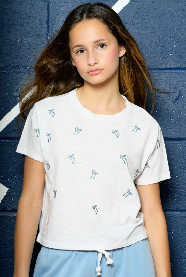 Katie J NYC Girls Tween Fearless Embroidered Bow Crop Tee - Glacier Blue Bows