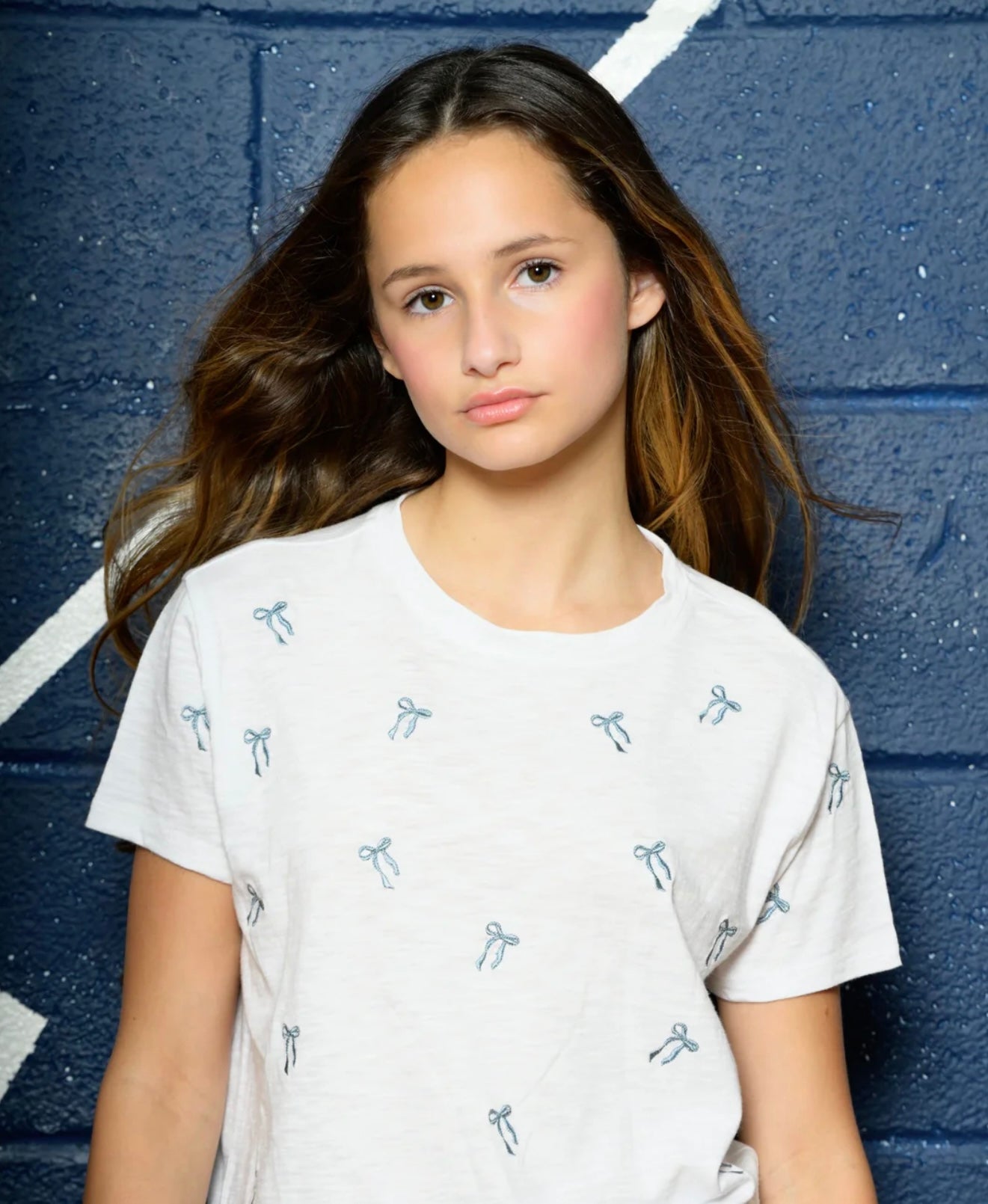 Katie J NYC Girls Tween Fearless Embroidered Bow Crop Tee - Glacier Blue Bows