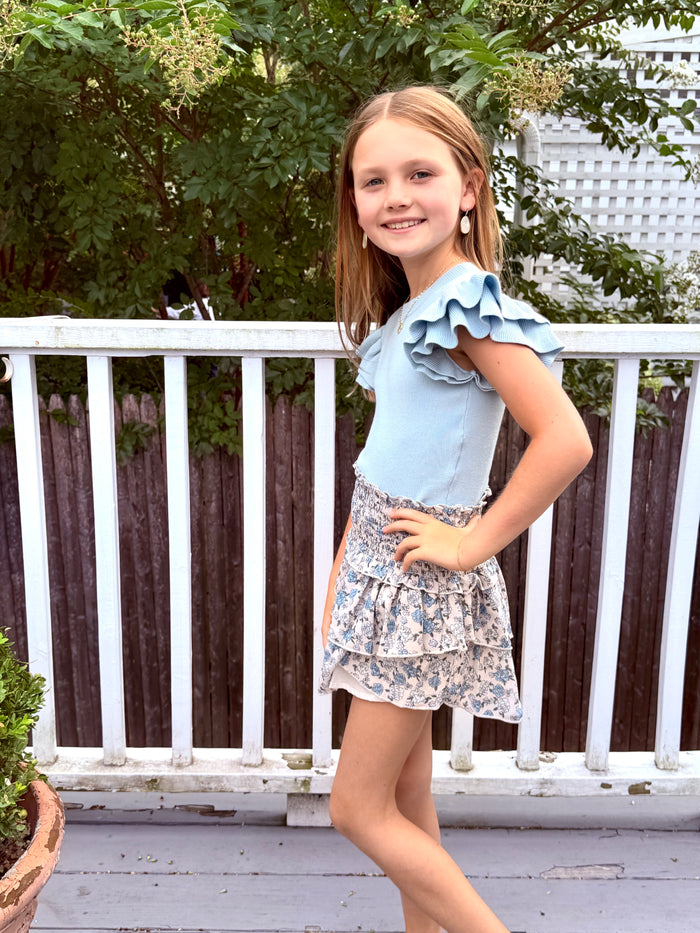 Katie J NYC  Girls Tween Bianca Sheer Printed Tiered Ruffle Skirt - Blue Bunches