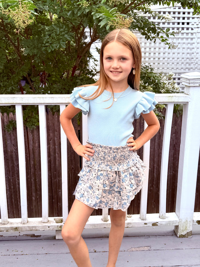 Katie J NYC  Girls Tween Bianca Sheer Printed Tiered Ruffle Skirt - Blue Bunches