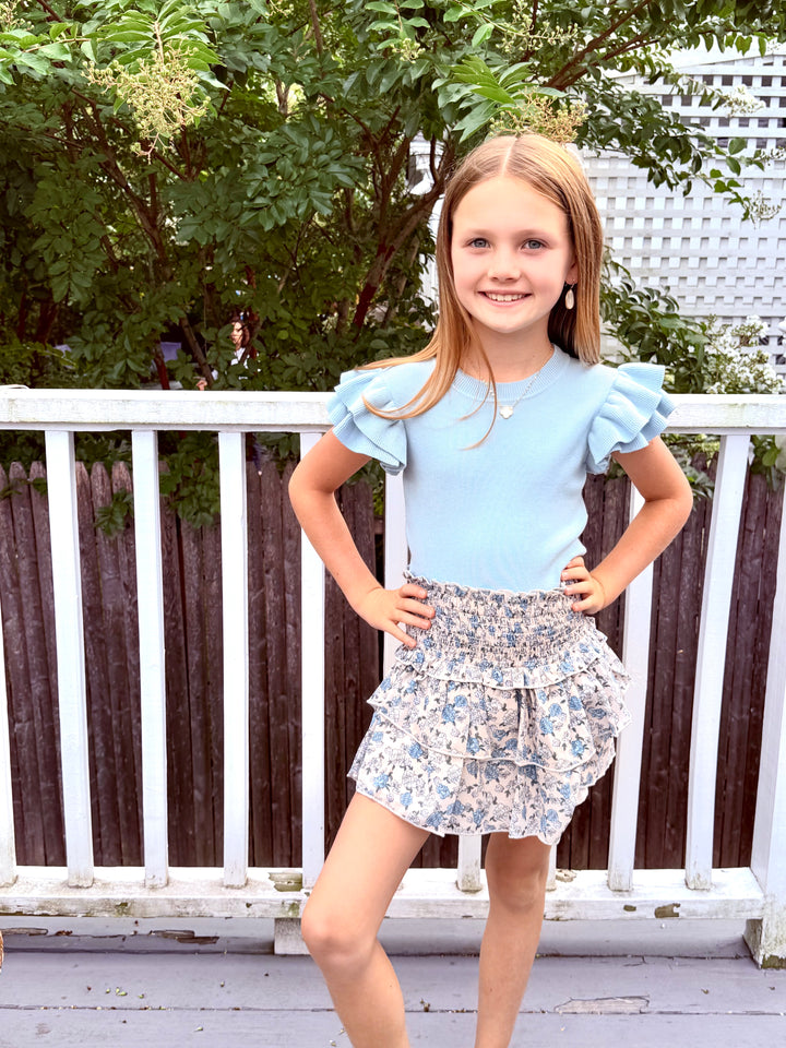Katie J NYC  Girls Tween Bianca Sheer Printed Tiered Ruffle Skirt - Blue Bunches