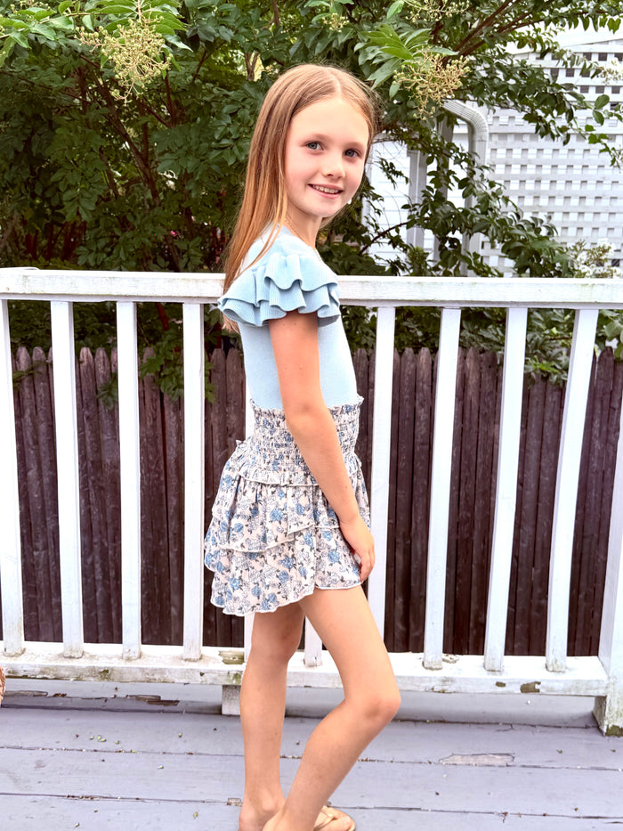 Katie J NYC  Girls Tween Bianca Sheer Printed Tiered Ruffle Skirt - Blue Bunches