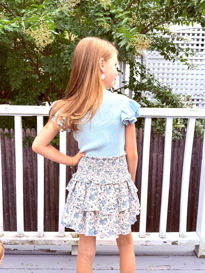 Katie J NYC  Girls Tween Bianca Sheer Printed Tiered Ruffle Skirt - Blue Bunches