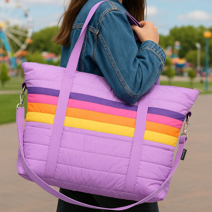 Top Trenz Purple Retro Stripe Puffer Tote Bag