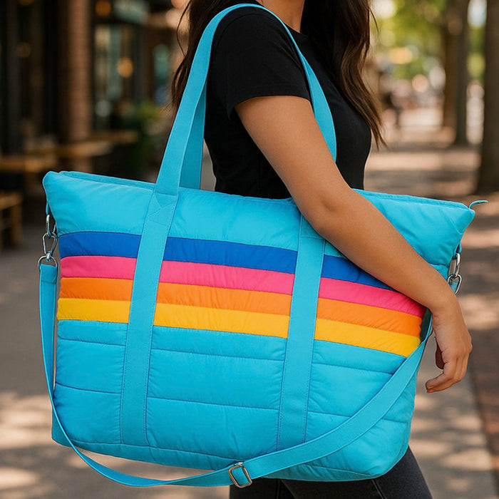 Top Trenz Blue Retro Stripe Puffer Tote Bag