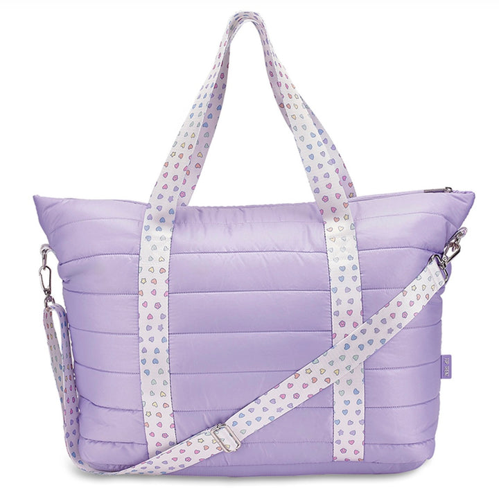 Top Trenz Purple Puffer Tote Bag with Rainbow Heart Strap