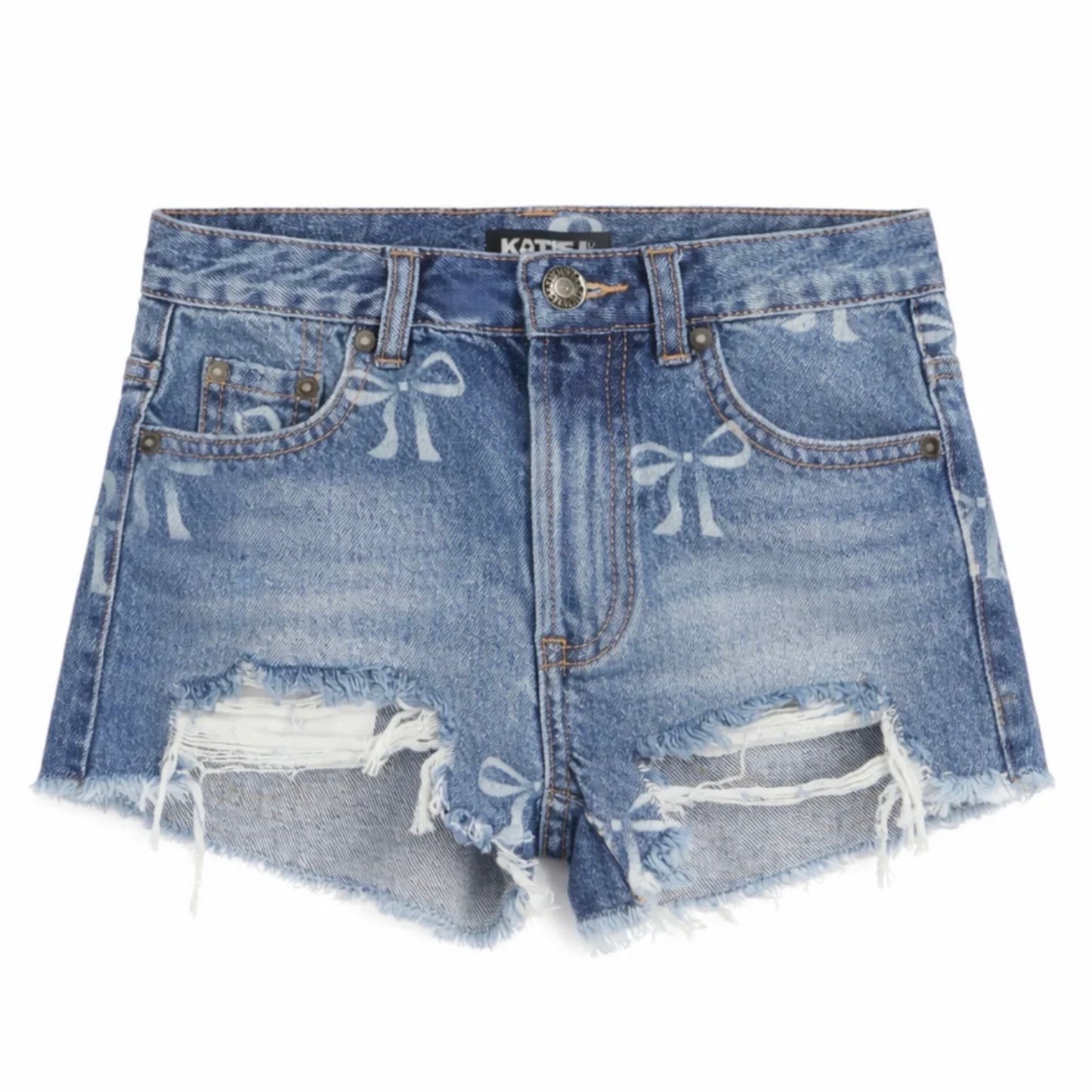 Katie J NYC Tween Malibu Distressed Denim Short - Bow Print