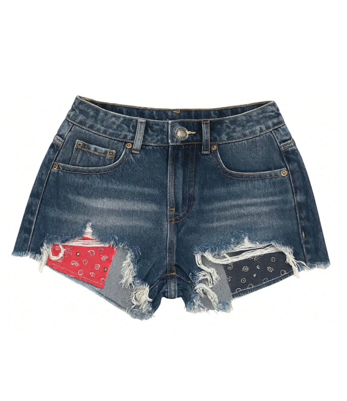 Katie J NYC Tween Malibu Denim Short Printed Pocket - Classic Red Bandana