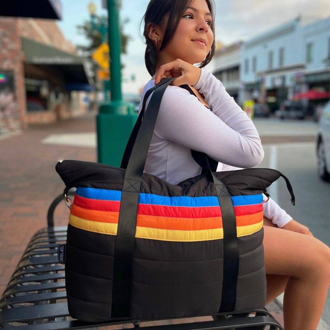 Black Retro Stripe Puffer Tote Bag