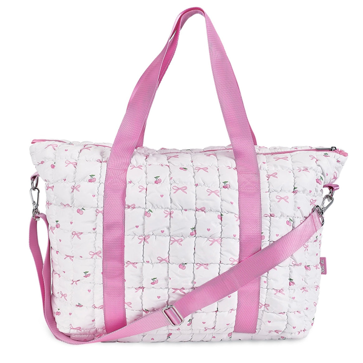 Top Trenz Cherry Print Puffer Tote Bag - Pink/White