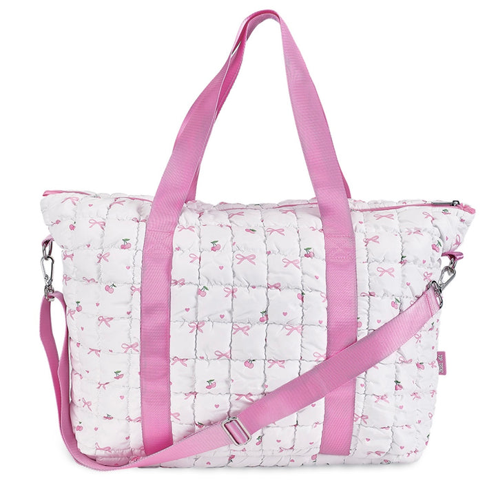 Top Trenz Cherry Print Puffer Tote Bag - Pink/White