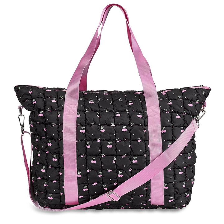 Top Trenz Cherry Print Puffer Tote Bag - Pink/Black