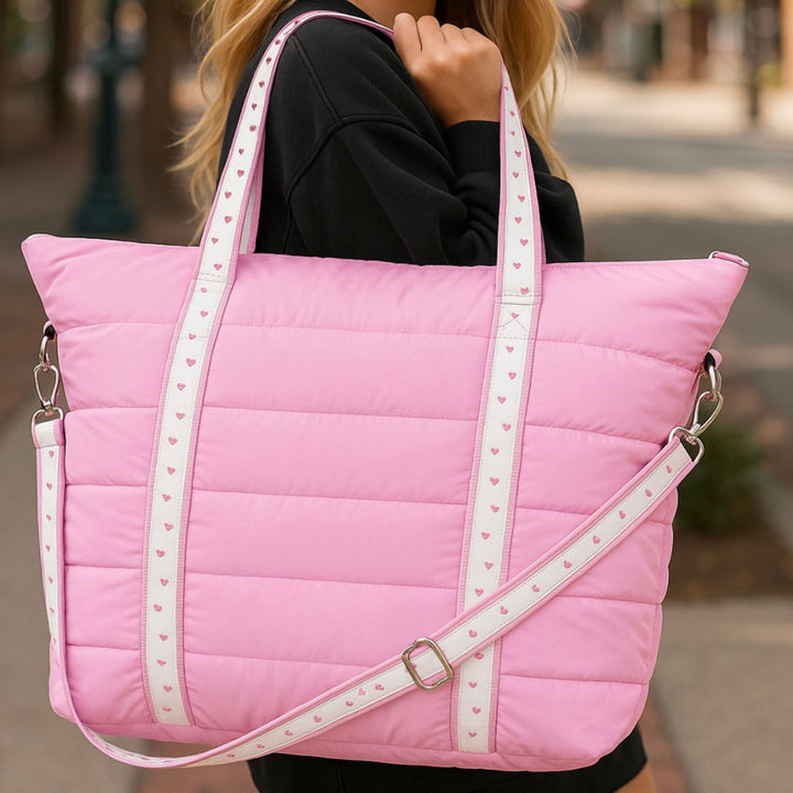 Top Trenz Pink Puffer Tote Bag with Heart Strap