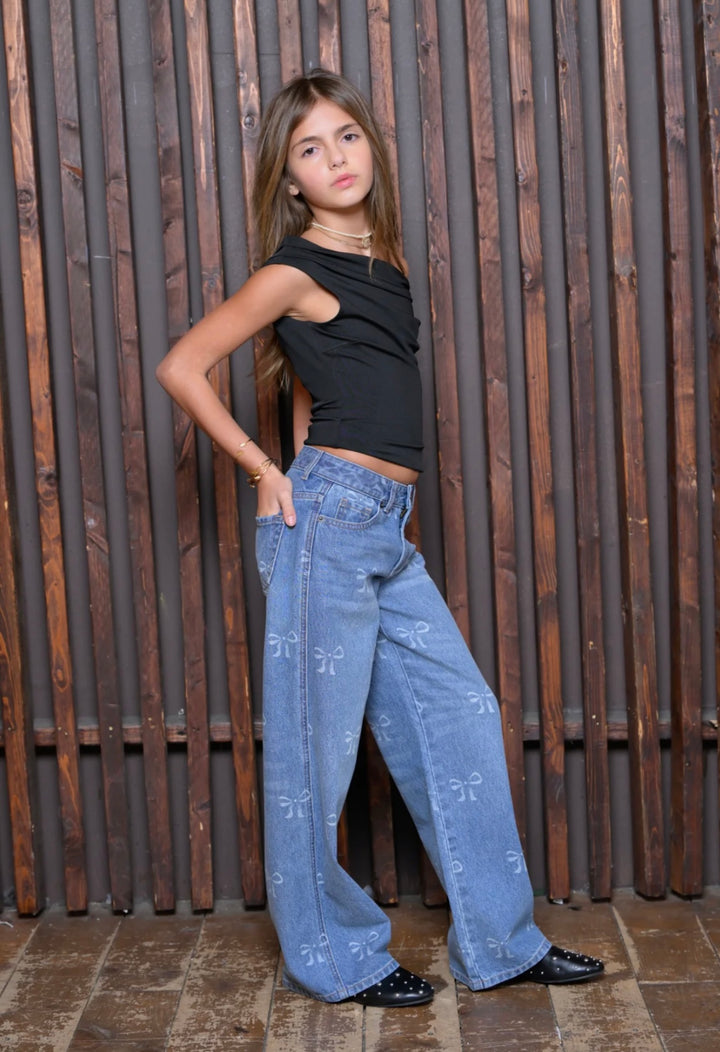 Katie J NYC Girls Tween Chicago Distressed Bow Print Low Rise Jean