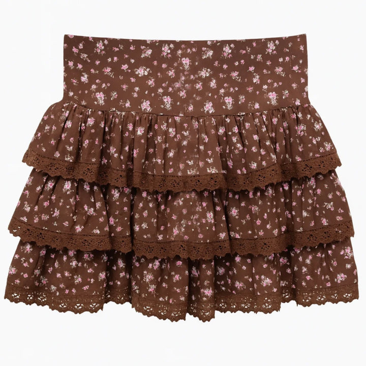 Katie J NYC  Girls Tween Melody Printed Drop Waist Lace Trim Skirt - Chocolate Floral WP