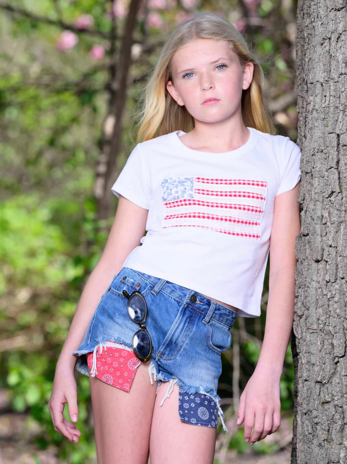 Katie J NYC  Girls Tween Flag Patch Baby Tee