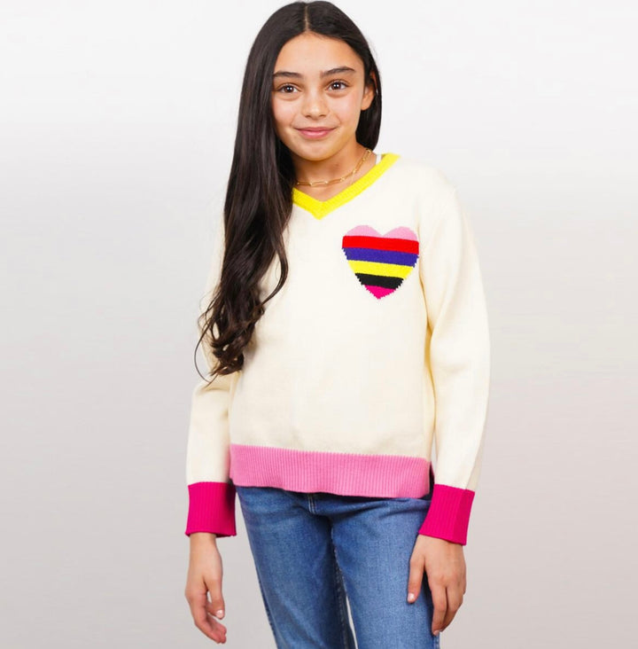 CPW Cora Varsity Stripe Heart Sweater - Cream Multi
