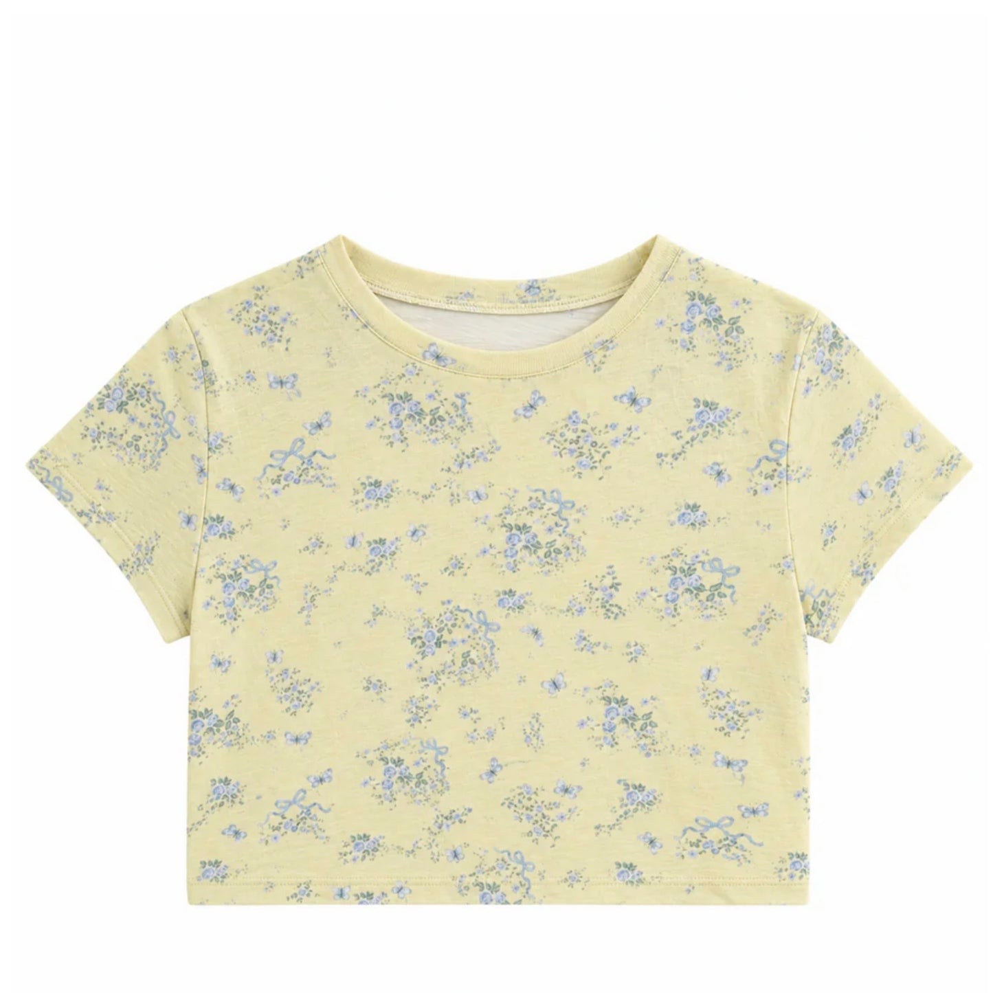 Katie J NYC Girls Tween Fearless Printed Crop Tee - Yellow Ditsy Butterfly