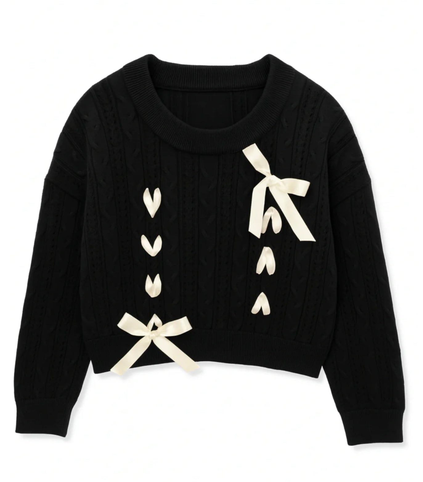 Katie J NYC Girls Tween Libby Ribbon Bow Crew Sweater - Black/Cream