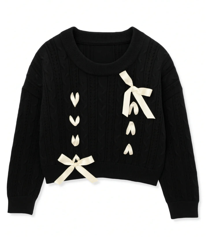 Katie J NYC Girls Tween Libby Ribbon Bow Crew Sweater - Black/Cream