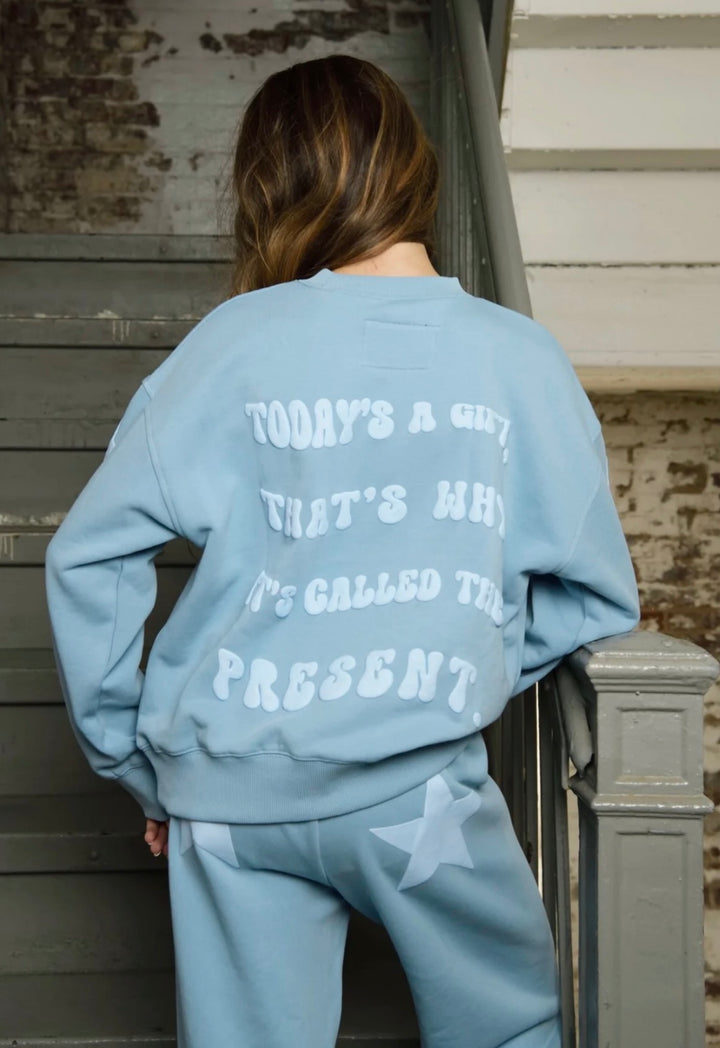 Katie J NYC Tween Leah Oversized “BE PRESENT” Sweatshirt  - Glacier Blue & Vintage White/Neon Pink