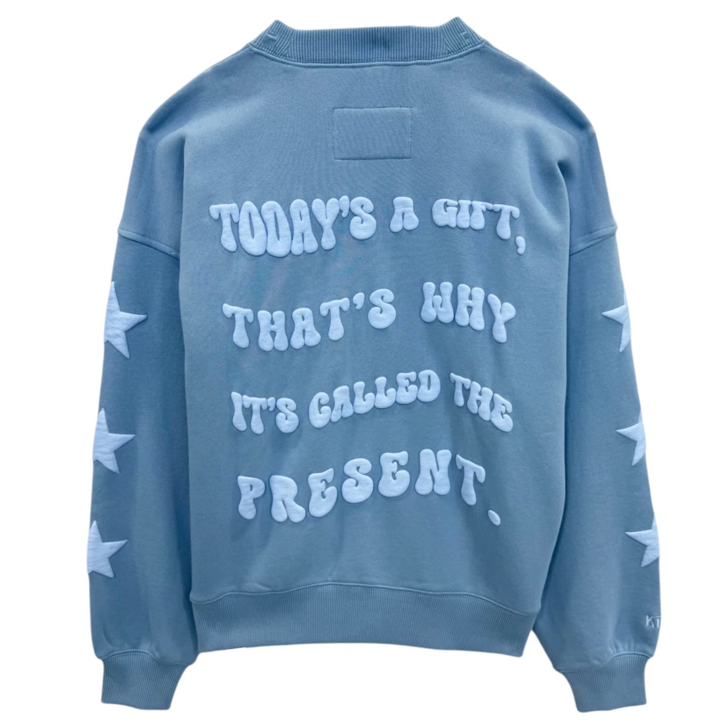 Katie J NYC Tween Leah Oversized “BE PRESENT” Sweatshirt  - Glacier Blue & Vintage White/Neon Pink