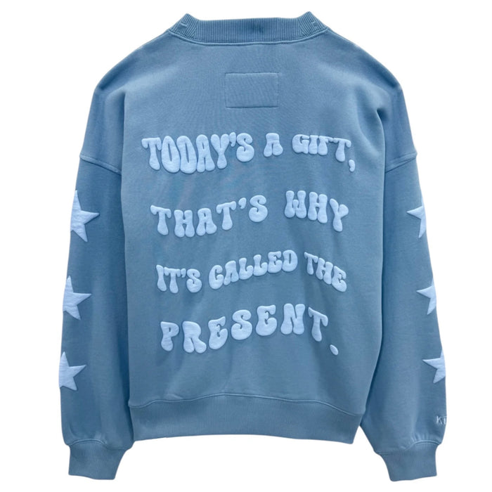 Katie J NYC Tween Leah Oversized “BE PRESENT” Sweatshirt  - Glacier Blue & Vintage White/Neon Pink