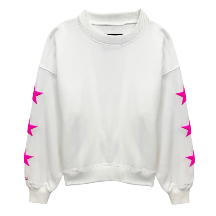 Katie J NYC Tween Leah Oversized “BE PRESENT” Sweatshirt  - Glacier Blue & Vintage White/Neon Pink